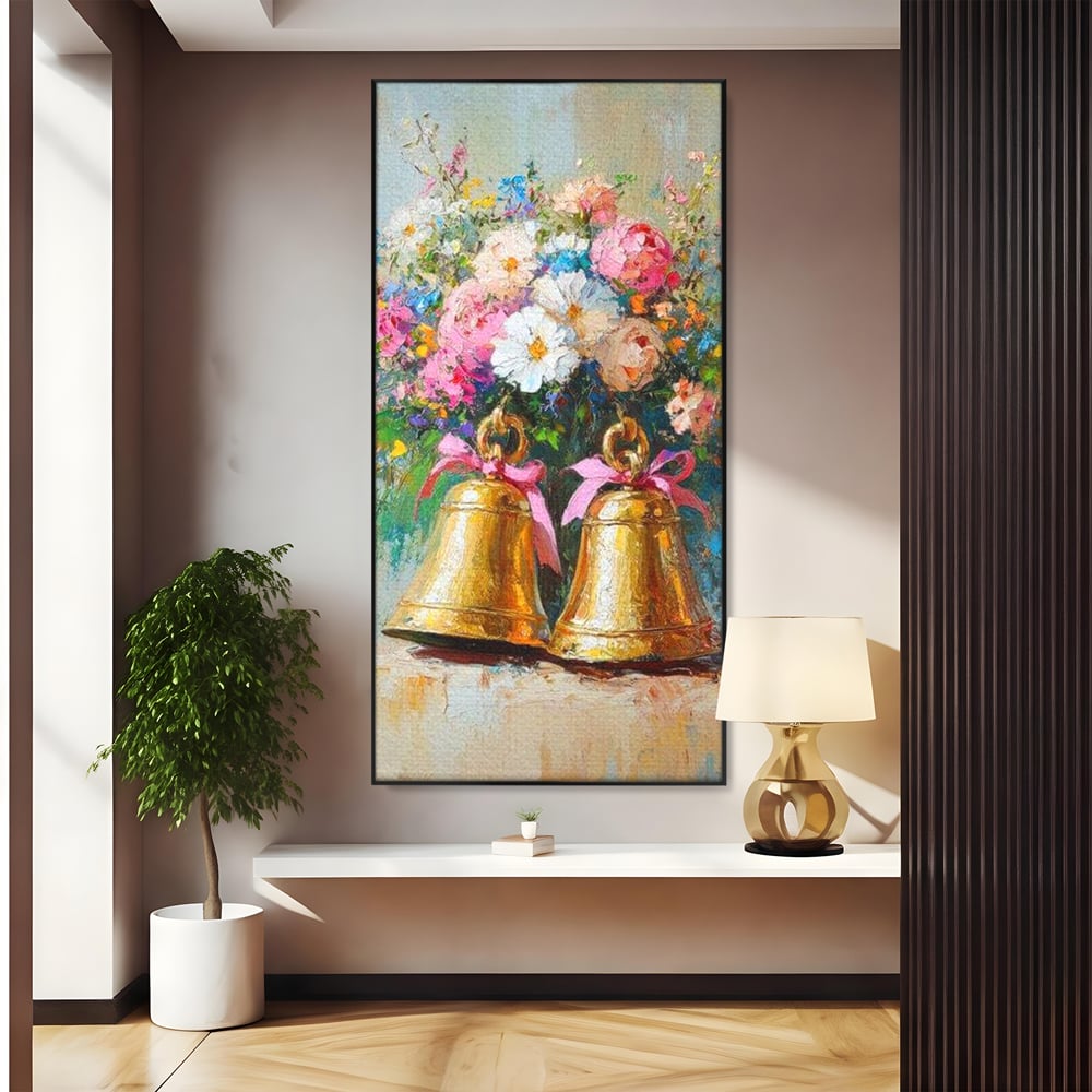 Tablou canvas cu pictura cu clopotei aurii si bujori, in rama de aluminiu negru